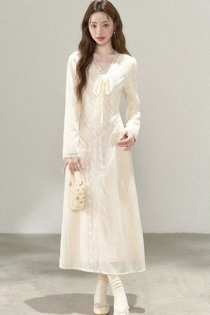 french creme lace soft v-neck long sleeve dress