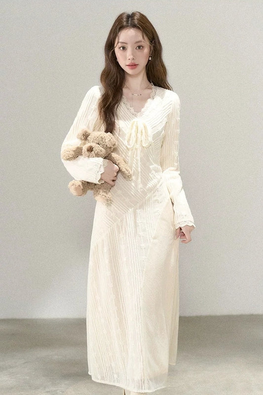 french creme lace soft v-neck long sleeve dress