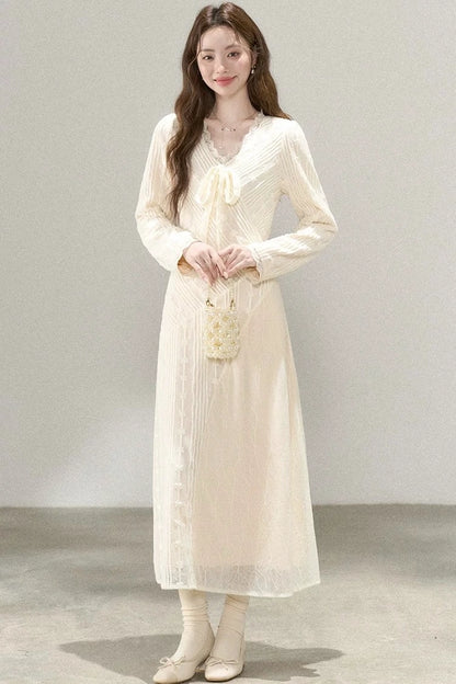 french creme lace soft v-neck long sleeve dress