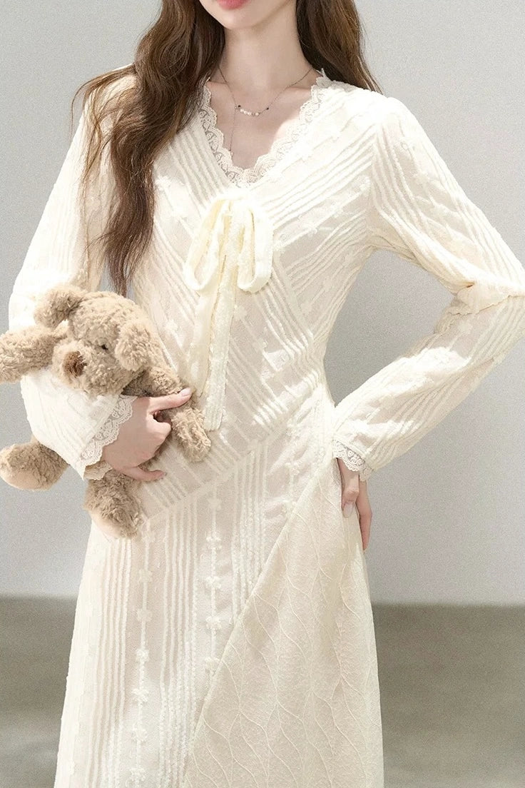 french creme lace soft v-neck long sleeve dress