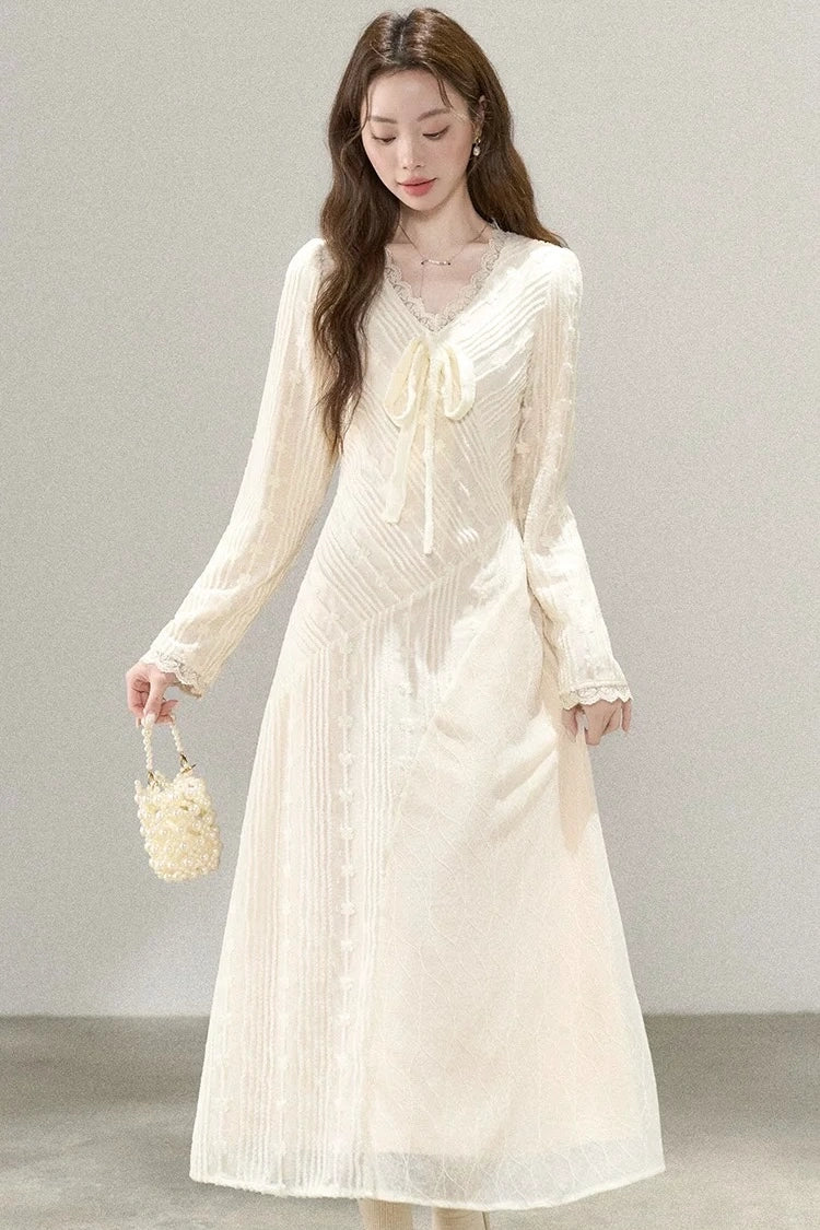 french creme lace soft v-neck long sleeve dress