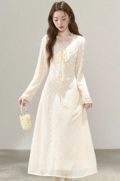 french creme lace soft v-neck long sleeve dress