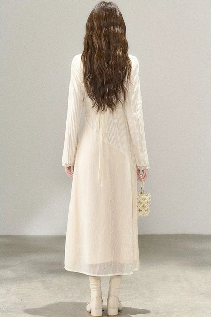 french creme lace soft v-neck long sleeve dress