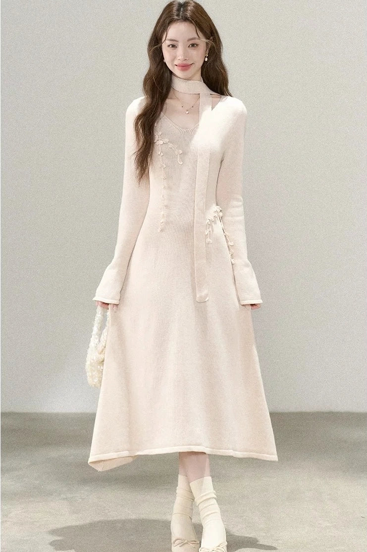 ethernal elegance creme v-neck spring knitwear dress