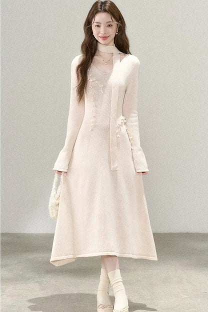 ethernal elegance creme v-neck spring knitwear dress