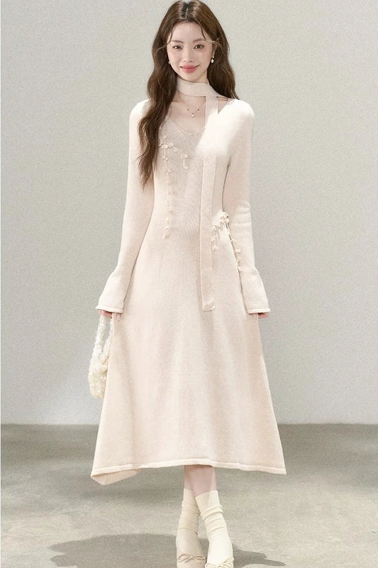 ethernal elegance creme v-neck spring knitwear dress
