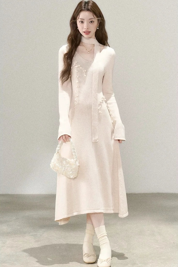 ethernal elegance creme v-neck spring knitwear dress