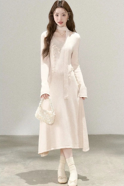 ethernal elegance creme v-neck spring knitwear dress