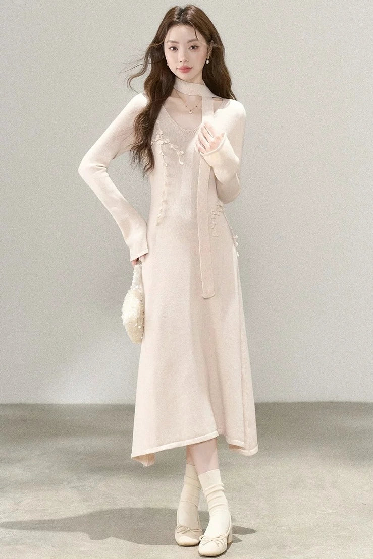 ethernal elegance creme v-neck spring knitwear dress