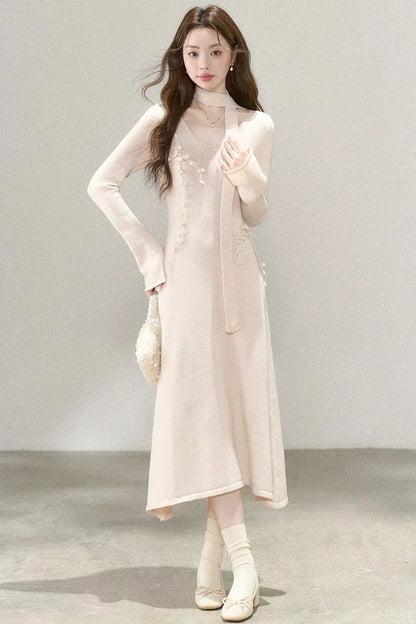 ethernal elegance creme v-neck spring knitwear dress