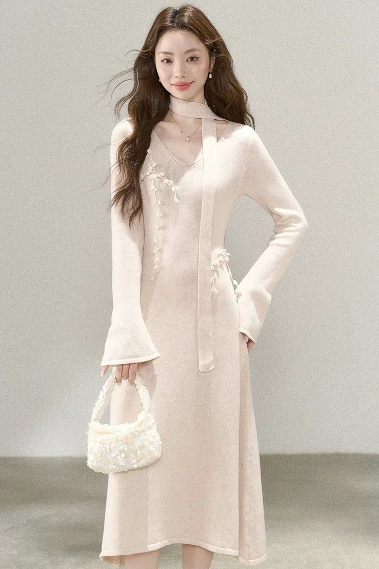 ethernal elegance creme v-neck spring knitwear dress