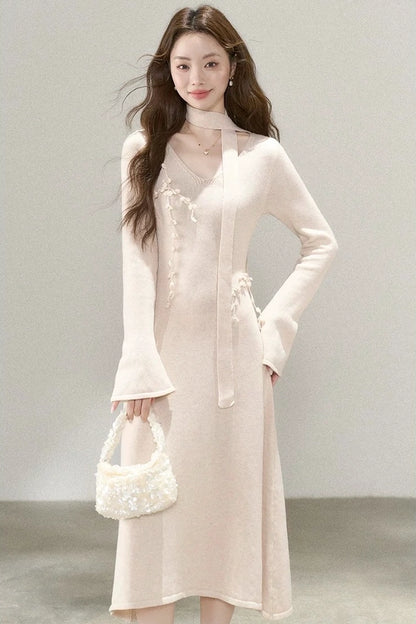 ethernal elegance creme v-neck spring knitwear dress