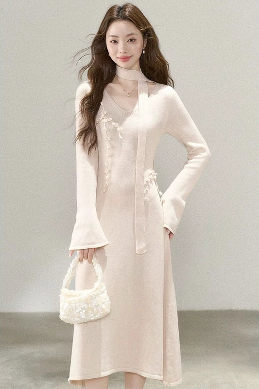 ethernal elegance creme v-neck spring knitwear dress