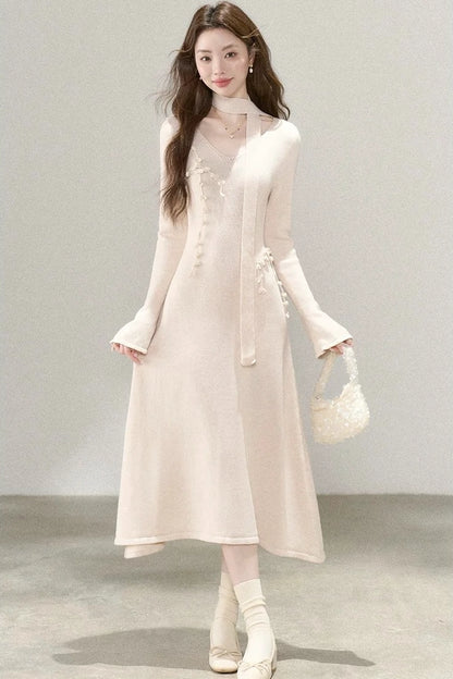 ethernal elegance creme v-neck spring knitwear dress