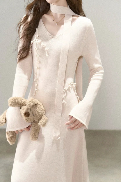 ethernal elegance creme v-neck spring knitwear dress