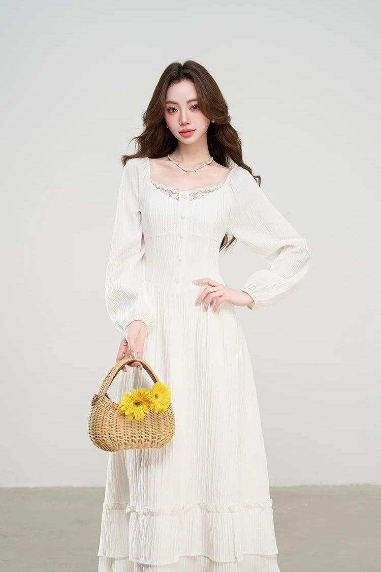 charming early spring french square neck lace dress