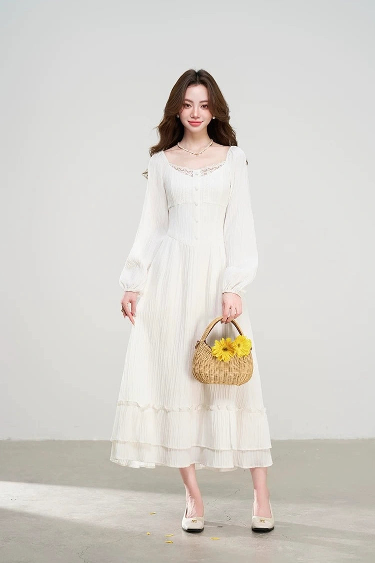 charming early spring french square neck lace dress