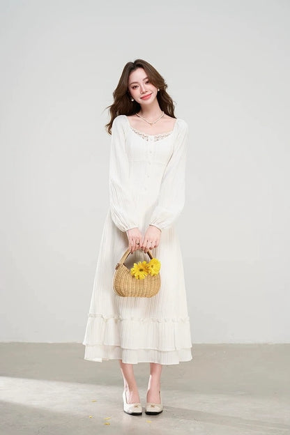 charming early spring french square neck lace dress