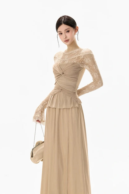 twisted waist lace floral beige patchwork dress