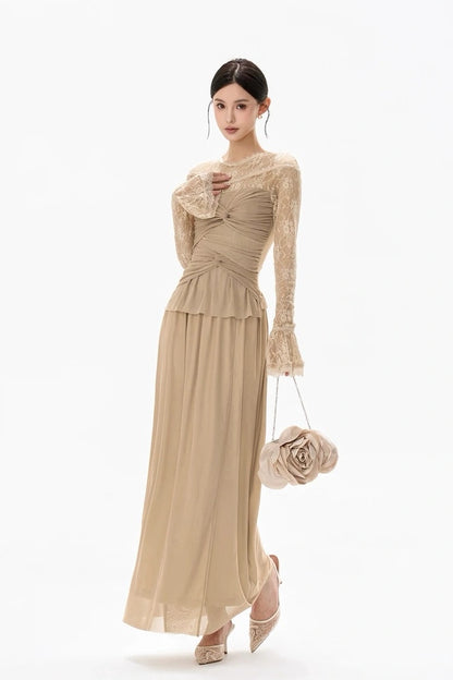 twisted waist lace floral beige patchwork dress