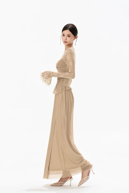 twisted waist lace floral beige patchwork dress