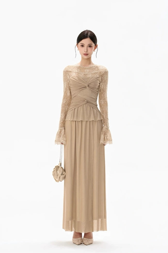 twisted waist lace floral beige patchwork dress