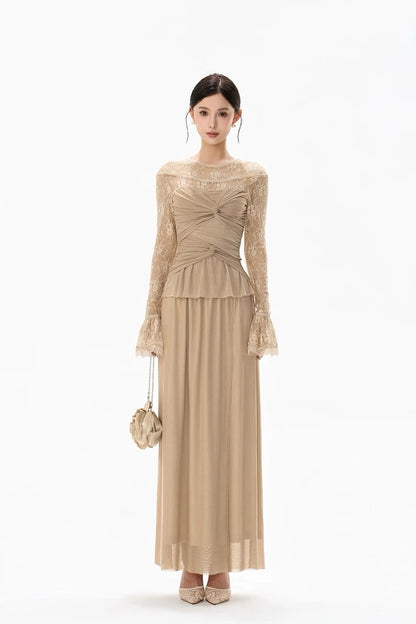 twisted waist lace floral beige patchwork dress