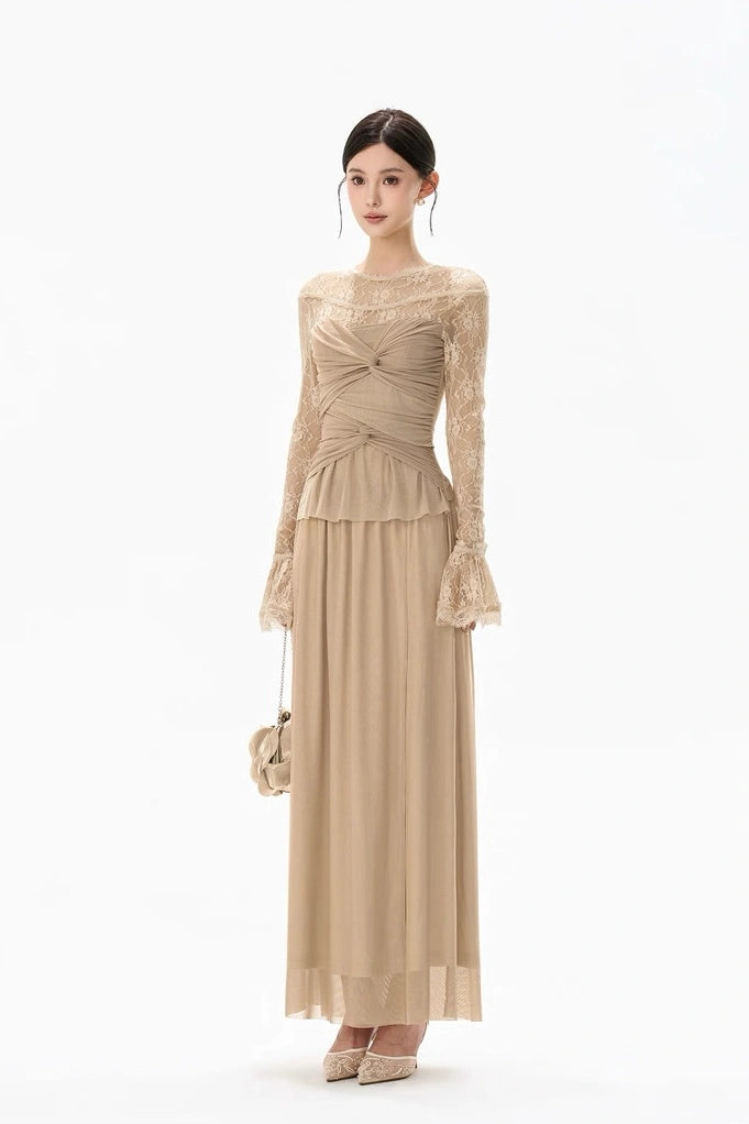 twisted waist lace floral beige patchwork dress