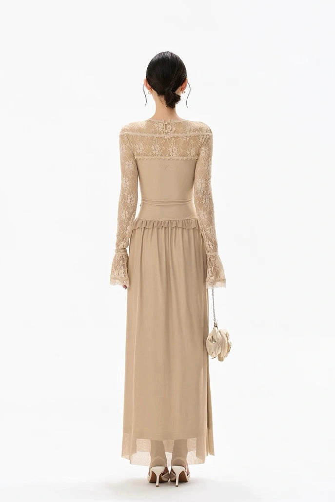 twisted waist lace floral beige patchwork dress