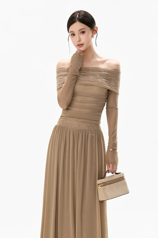 soft fog lace off-shoulder slimming dress