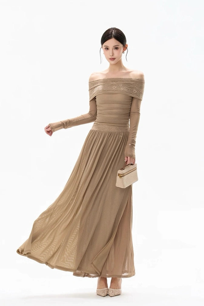 soft fog lace off-shoulder slimming dress