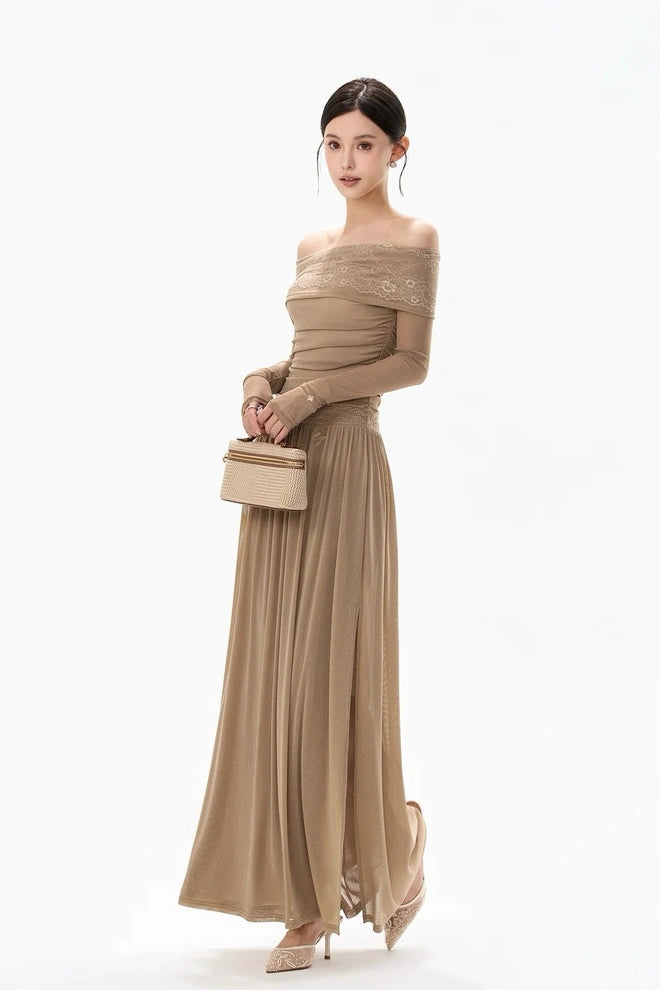 soft fog lace off-shoulder slimming dress