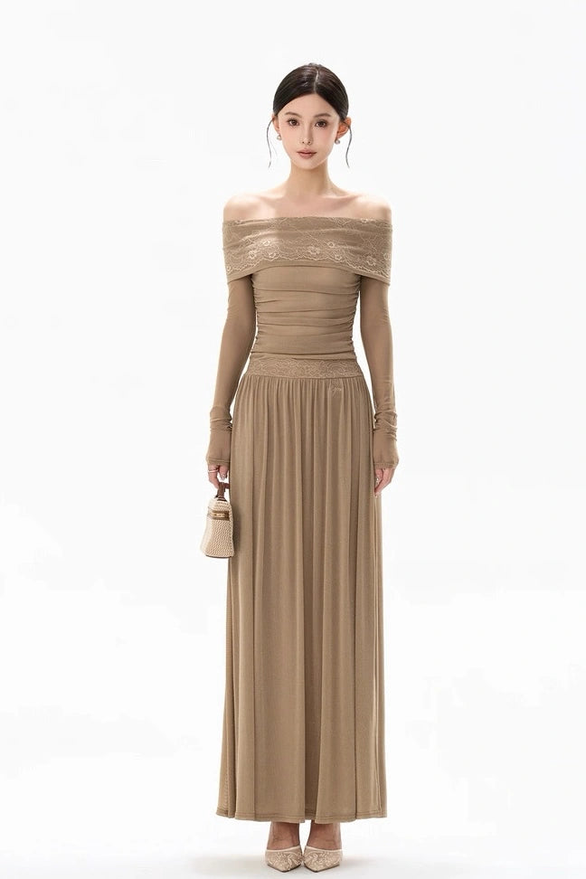 soft fog lace off-shoulder slimming dress