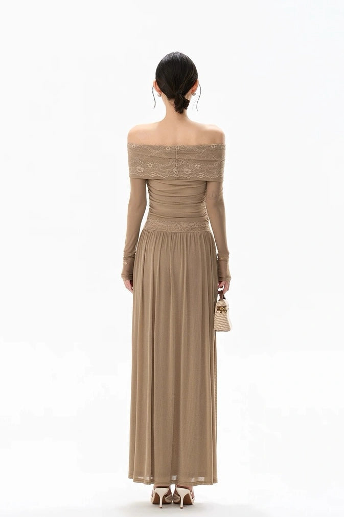 soft fog lace off-shoulder slimming dress