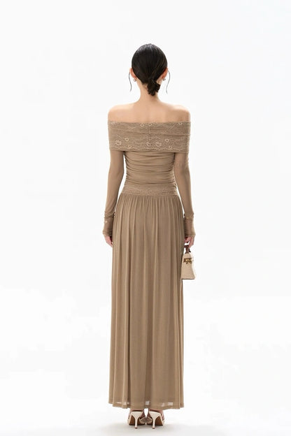 soft fog lace off-shoulder slimming dress