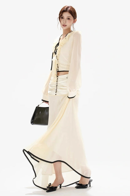 gentle chiffon ruffled tie-waist sheer blouse skirt set