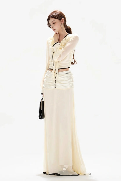 gentle chiffon ruffled tie-waist sheer blouse skirt set