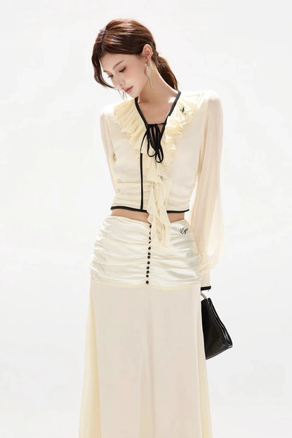 gentle chiffon ruffled tie-waist sheer blouse skirt set