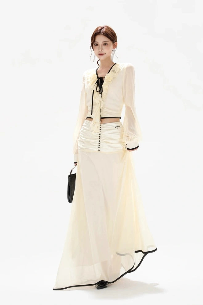 gentle chiffon ruffled tie-waist sheer blouse skirt set