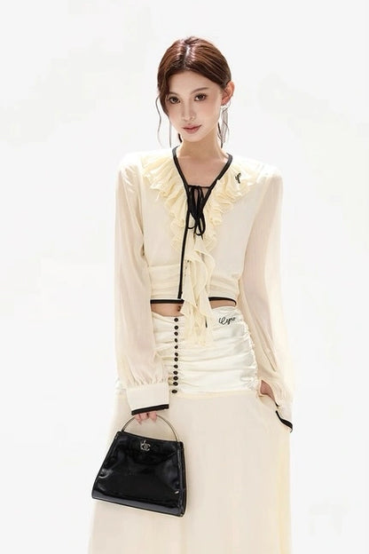 gentle chiffon ruffled tie-waist sheer blouse skirt set