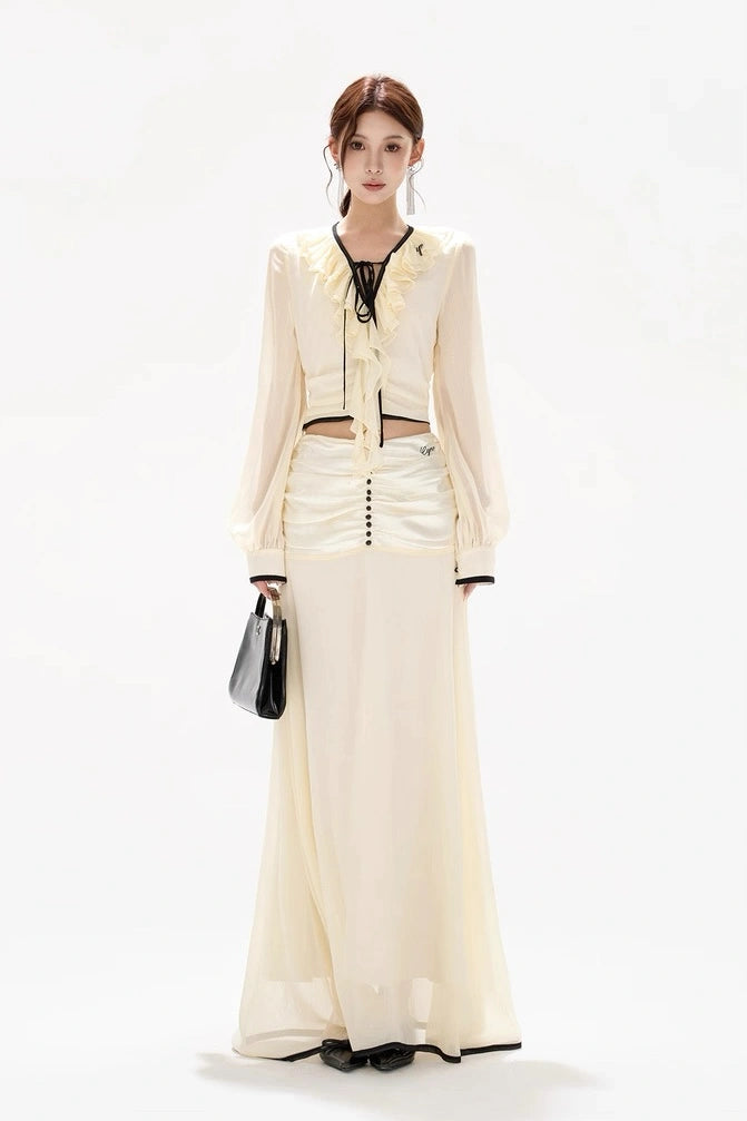 gentle chiffon ruffled tie-waist sheer blouse skirt set