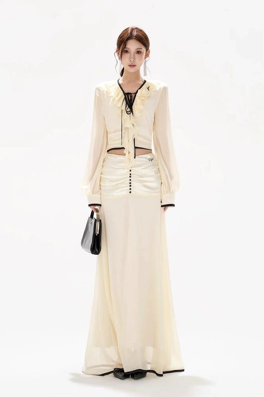 gentle chiffon ruffled tie-waist sheer blouse skirt set
